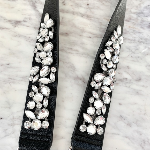 Black Leatherette Jeweled Crystal Embellished Wide Bag Strap Guitar-Style - Picture 2 of 5